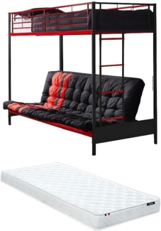 Vente-unique - Hochbett mit Schlafsofa mit Matratze + Futonmatratze - 90 x 190 cm - Metall - Rot & Schwarz - MODULO V
