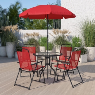 Flash Furniture Terrassentisch und Stuhl aus Glas, rot, 6-teiliges Set