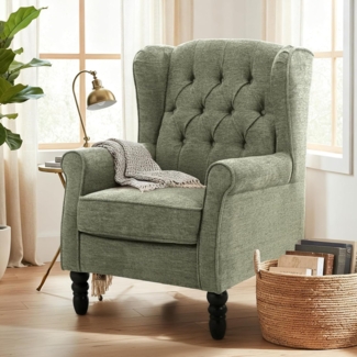 COLAMY Mid-Century Modern Sessel Wohnzimmer, Gepolsterter Wingback-Sessel mit Knopfsteppung, loungesessel Bezug aus Gewebe mit Massivholzbeinen für Wohnzimmer, Büro, Café - Grün