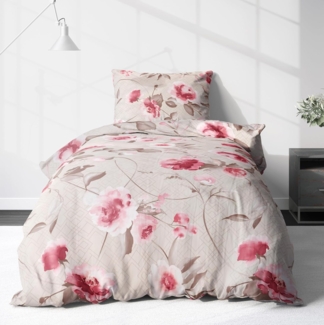 LINKHOFF Bettwäsche Blumen Bettwäsche 135x200 - Creme, Flanell Biber Bettwäsche mit Reißverschluss