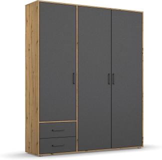 rauch Kleiderschrank; Drehtürenschrank VOYAGER, 3-türig, 2 Schubkästen, Graumetallic/Eiche Artisan, 140x194x53xcm