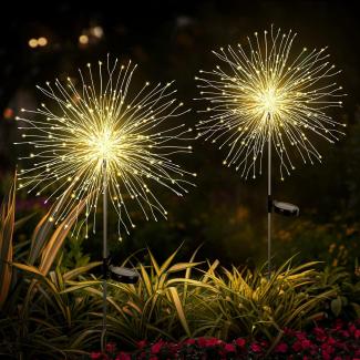 SALCAR LED Solarleuchten Gartendeko, 2 Stück 180LED Solar Feuerwerk Gartenlichter Wasserdicht, 8 Modi Solarstecker Gartenleuchten für Außen Fußweg Yard Rasen Terrasse, Warmweiß