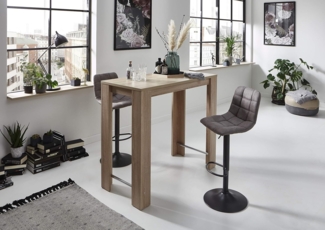 Hela Tische, 3-teilige Bargruppe Barset Yvonne, Bartisch Sonoma Eiche 120 x 58 x 108 cm, 2x Barhocker Barstuhl Microfaser Grau, 360°drehbar, Trompetenfuß