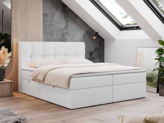 MKS MEBLE Boxspringbett - Doppelbett - Polsterbett mit Multipocket-Matratze und Topper - Kunstlederbett mit Bettkasten - Stauraumbett H4 - RICO 160x200 Weiß
