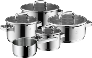 WMF Topf-Set Function 4 Advanced, Cromargan® Edelstahl rostfrei 18/10 (Vorteils-Set, 1xBratentopf mit Deckel, 3xFleischtopf mit Deckel, 1x Stielkasserolle), Glasdeckel mit 4 Abgießfunktionen