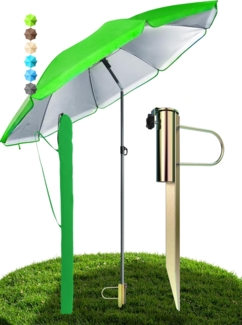 Menz Sonnenschirm Strand in Grün - 3er Set inkl. Strandschirm windfest stabil + Rasendorn Sonnenschirmhalter + Sonnenschirmhülle, Sonnenschirm mit Rasendorn, robuster Schirmspieß für Garten