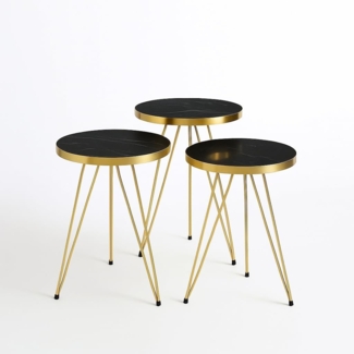 Jungengel Beistelltisch Set 3-teilig rund Marmoroptik Schwarz Gold Modern Stehtisch (Beistelltisch-Set, 3-St, 3-teilig), 3 Beistelltische, schwarzer Marmorlook, goldene Beine, stapelbar