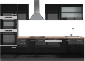 Küchenzeile R-Line Schwarz Hochglanz/Anthrazit 300 cm mit Hochschrank, AP Eiche Vicco