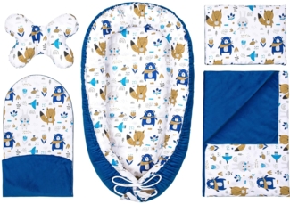 PEPI - 5 teilig Babynestchen Set - Babynest 95x50 - Babydecke - Matratze - Kopfkissen - Kissen - 100% Baumwolle uns Samt - Baby Erstausstattung Neugeborene - (Velvet, blue bear)