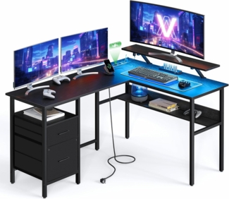 Vasagle L-förmiger Schreibtisch mit Steckdosen, Eckschreibtisch, Computertisch, Monitorständer, Gaming-Tisch, LED-Beleuchtung, USB-Anschlüsse, einfache Montage, Homeoffice, ebenholzschwarz von Songmics
