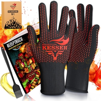 KESSER® Grillhandschuhe hitzebeständig bis 500° | Ofenhandschuhe Atmungsaktiv & mit rutschfestem Griff | Topfhandschuhe aus Aramid-Gewebe | Kamin-Handschuh Maschinenwaschbar Schwarz / Rot, M-L