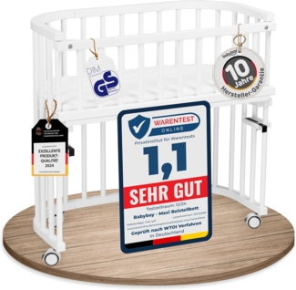 babybay Maxi extra großes Beistellbett aus massivem Buchenholz/Kinderbett Höhe stufenlos verstellbar & umweltfreundlich/mit Matratze, Gitter, Rollen (weiß lackiert)