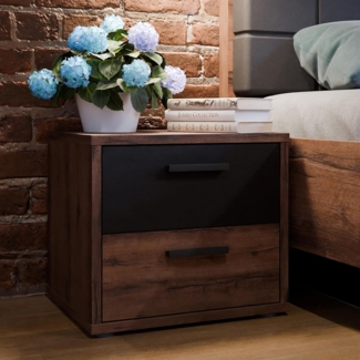 Forte Bellevue Nachttisch 50, Nachtschränkchen mit 2 Schubladen, Holzwerkstoff, Schlammeiche/Schwarzeiche Dekor, 49,8 cm breit, 44,7 cm hoch, 41,5 cm tief