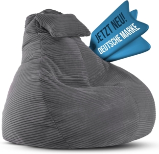 LazyCloud Sitzsack für Erwachsene mit integrierter [Nackenstütze] Cord | XXL Indoor Bean Bag mit Füllung | perfekt als Chill-, Lese- oder Gaming Sessel (90 x 80 x 70 cm) (Anthrazit)