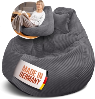 LazyCloud Sitzsack für Erwachsene mit integrierter [Nackenstütze] Cord | XXL Indoor Bean Bag mit Füllung | perfekt als Chill-, Lese- oder Gaming Sessel (90 x 80 x 70 cm) (Anthrazit)