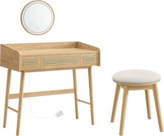 SONGMICS HOME Schminktisch mit Spiegel, Hocker, Beleuchtung, Kosmetiktisch 3 Schubladen, Rattan-Optik, 3 Lichtfarben, dimmbar, Boho-Stil, Schlafzimmer, eichenbeige und cremeweiß RVT107Y01