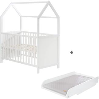 roba Hausbett 60 x 120 cm FSC zertifiziert,incl. passender Wickelplatte zum Aufsetzen, Baby- & Beistellbett in Hausoptik, weiß, 6-fach verstellbar