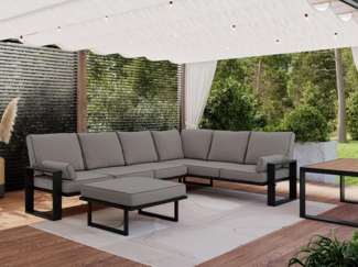 Outdoor Gartenmöbel, Set für 7 Personen, Gartenlounge Set mit Tisch, Hocker und Ecksofa - ELBA 4 - grau