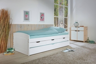 Dmora Bett mit Schubladen und zweitem unteren Ausziehbett, Kiefer massiv weiß gebeizt, 98 x 205 x 63 cm, ohne Lattenroste