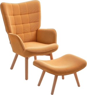 HOMCOM Relaxsessel Ohrensessel mit Hoher Rückenlehne, Holzbeine (Sessel mit Hocker, 2-St, Loungesessel), mit getuftetem Design, Cord-Optik, für Wohnzimmer, Braun
