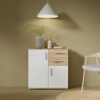 Forte IKOLI Kommode 80, Moderne Kommode, 2-türig, 2 Schubladen, Wohn-/Schlafzimmer, Flur, Holzwerkstoff, Weiß mit Artisan Eiche Holzdekor, 79,9 cm breit x 81,7 cm hoch x 31,4 cm tief