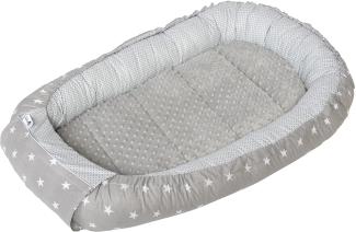 Medi Partners Babynest Kuschelnest Babynestchen 100% Baumwolle Nestchen Reisebett für Babys Säuglinge 100x60x15cm herausnehmbarer Einsatz (graue Sternen mit graue Minky)