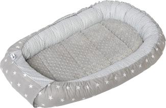 Medi Partners Babynest Kuschelnest Babynestchen 100% Baumwolle Nestchen Reisebett für Babys Säuglinge 100 x 60 x 15 cm herausnehmbarer Einsatz (graue Sternen mit graue Minky)