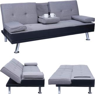 3er-Sofa HWC-F60, Couch Schlafsofa Gästebett, Tassenhalter verstellbar 97x166cm ~ Kunstleder/Textil, schwarz/hellgrau