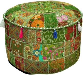 Aakriti Indian Pouf Fußhocker mit Stickerei Pouf, indische Baumwolle, Pouffe osmanischen Pouf Cover mit ethnischem Dekor Kunst - Cover (Green, 56x35 cms)
