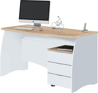 Schreibtisch mit Kommode mit drei Schubladen, Farbe Weiß und Eiche, 136 x 74 x 67 cm.