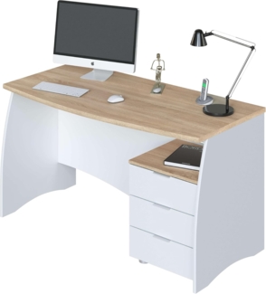 Schreibtisch mit Kommode mit drei Schubladen, Farbe Weiß und Eiche, 136 x 74 x 67 cm.