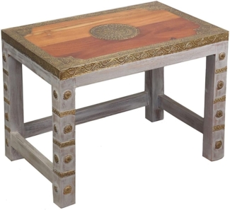 Oriental Galerie Beistelltisch Indischer Hocker mit Messing Natur Groß, Nachttisch Holz, Beistelltisch, mit Messing Verzierungen