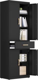 YITAHOME Aktenschrank verschließbar, Aufbewahrungsschrank mit 3 verstellbaren Regalen, Büro Aktenschrank mit Schublade, Stahl Büro Schrank für Büro Küche Garage, 180H cm x 60W cm x 34D cm, Schwarz