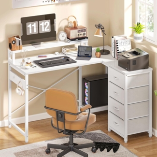 YITAHOME Schreibtisch, Reversible Eckschreibtisch mit 4 Schubladen, Schreibtisch L Form mit 2 Steckdosen und 2 USB Ladeanschluss, Bürotisch L Form mit LED, 130x100 cm, Ecktisch mit Monitorablage, Weiß