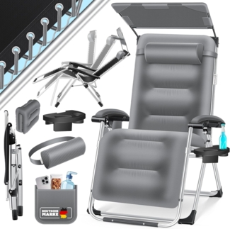 KESSER® Sonnenliege Liegestuhl, klappbare Gartenliege extra breit & Wetterfest, Belastbar 200kg, Ergonomisches Polster, verstellbare Rückenlehne inkl. Nackenkissen, Getränkehalter & Armpolster Grau, Liege (Mit Sonnendach)