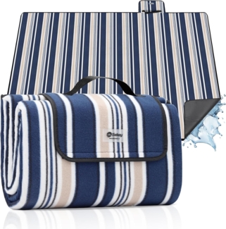 Sekey Picknickdecke Wasserdicht 200x300 cm, sandfeste Strandmatte, PEVA-Wasserdichter Untergrund, Stranddecke Tragbare Faltbar Gepolstert, für Outdoor-Camping Strand und Wiese, Blau-Weiß-Beige Streifen