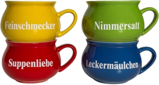 BURI Suppentassen 4er-Set aus Keramik | Bunte Henkel-Schüsseln mit Sprüchen | 400 ml | Spülmaschinenfest & mikrowellengeeignet | Mediterraner Stil