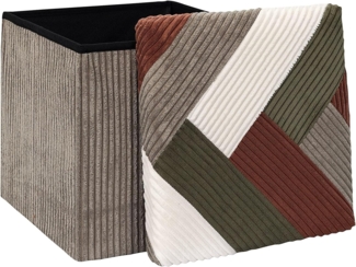 HOME DECO FACTORY, HD0550, multifunktionale, gerippte, Faltbare Patchwork-Pouf-Truhe, Aufbewahrung und Bequeme Sitzgelegenheit, Elegantes Design, Beige, Grau, Rot, Grün, 38x38 cm
