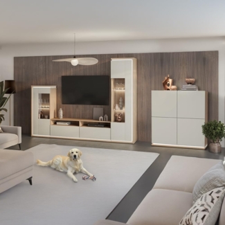 Lomadox Wohnwand DRACHTEN-83, (4-St, Vitrinen Lowboard Highboard), Schrankwand Eiche kaschmir Modern inkl. LED-Beleuchtung