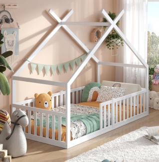 Alavya Home® Hausbett Bodenbett DREAM aus Buche FSC® 100% zertifiziert (Exklusives Beech Wood Bett – Top-Preis!, Hausbett 90x200 cm mit Matratze, Rausfallschutz & Lattenrost Kinderbett 80x160), bodentiefes Jugendbett weiß massiv BUCHE für Junge Mädchen