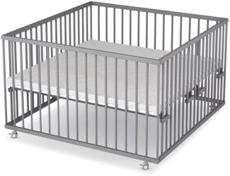 Sämann Laufstall Baby mit Matratze SleepPlus, Lattenrost und Schlupfsprossen | stufenlos höhenverstellbar | Laufgitter Premium | Babybett aus Holz | Krabbelgitter (grau, 120x120 cm)