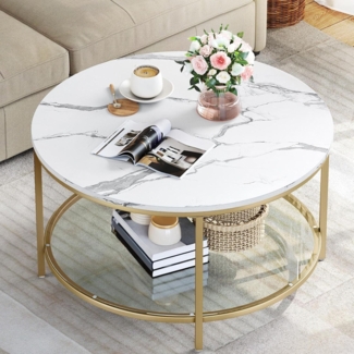YITAHOME Couchtisch, Wohnzimmertisch 2-stöckiger, Holz Couchtisch Rund 80X80X46cm, Couchtisch Glas mit Stauraum für Couch Schlafzimmer,Stabiler Metallrahmen (Weiß&Gold)