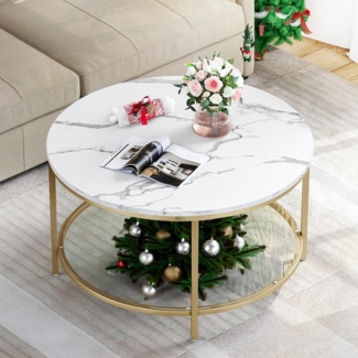 YITAHOME Couchtisch, Wohnzimmertisch 2-stöckiger, Holz Couchtisch Rund 80X80X46cm, Couchtisch Glas mit Stauraum für Couch Schlafzimmer,Stabiler Metallrahmen (Weiß&Gold)