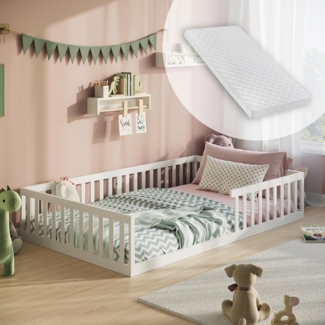 Kids Collective Kinderbett Bodenbett Bett mit Rausfallschutz & Lattenrost Montessori Bett Kinder (weitere Größen, 90x200, 120x200 cm), Jugendbett Einzelbett mit Matratze, weiß Kiefer 140x200 cm
