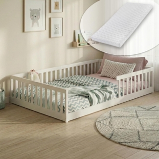 Kids Collective Kinderbett Bodenbett Bett mit Rausfallschutz & Lattenrost Montessori Bett Kinder (weitere Größen, 90x200, 120x200 cm), Jugendbett Einzelbett mit Matratze, weiß Kiefer 140x200 cm
