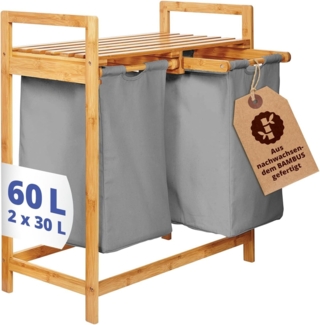Lumaland Wäschekorb aus Bambus mit 2 ausziehbaren Wäschesäcken - Größe ca. 73 cm Höhe x 64 cm Breite x 33 cm Tiefe - Farbe Dunkelgrau