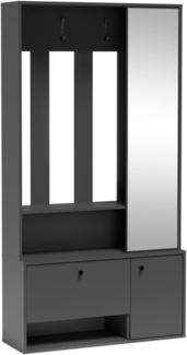 MEBLINI Garderobenschrank Flur mit Spiegel - SPOTTI - 100x33x190cm – Graphit - Garderobe Schrank - Flurgarderobe schmal - Garderobe Flur Möbel Set - Flurschrank hoch