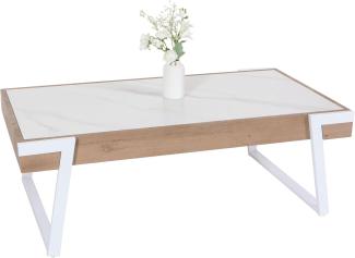 Couchtisch HWC-L89, Sofatisch Wohnzimmertisch, Eisen 43x120x64cm Sinterstein Marmor-Optik weiß Holz natur