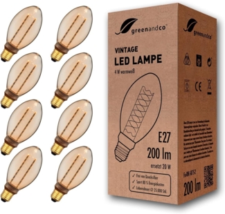 greenandco 8x Vintage Design LED Birne zur Stimmungsbeleuchtung | E27 B75 | gold | 4W 200lm | 1800K extra warmweiß | 320° | 230V | flimmerfrei | nicht dimmbar | Edison Glühbirne