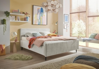 Stella Trading Peach Polsterbett Bettgestell 160x200, Ivory - Modernes Doppelbett in Cord-Optik mit Holzfüßen - 169 x 108 x 215 cm (B/H/T)